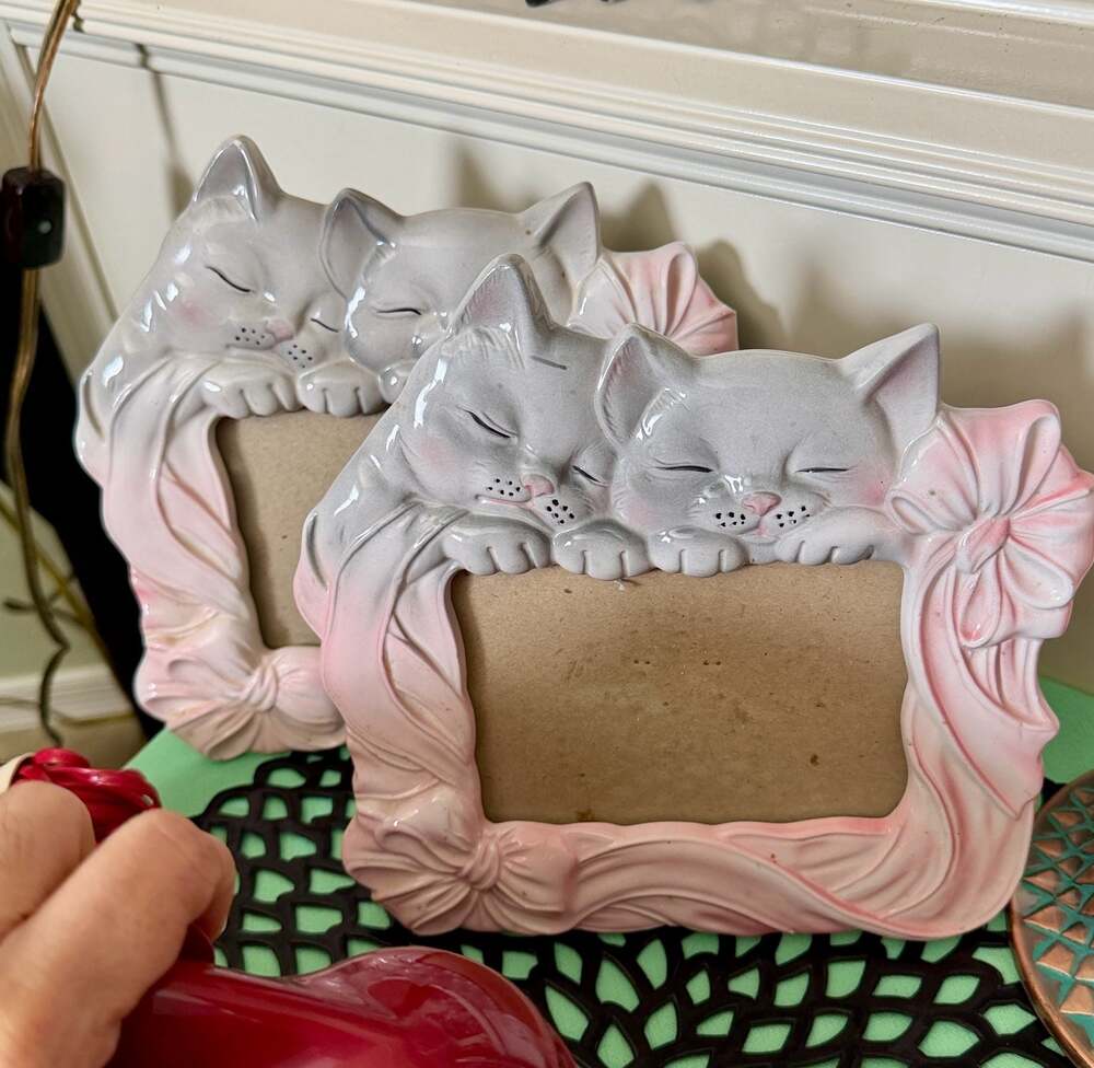 Pair of Vintage Ceramic Sleeping Kittens Picture Frames